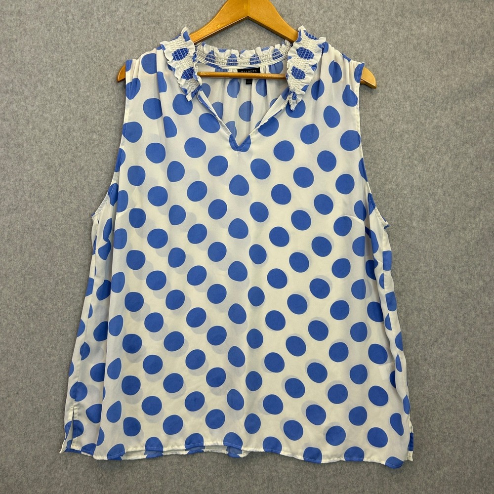 Talbots Sleeveless Blouse Carolina Blue White Polka Dot Smocked Ruffle Women 2X